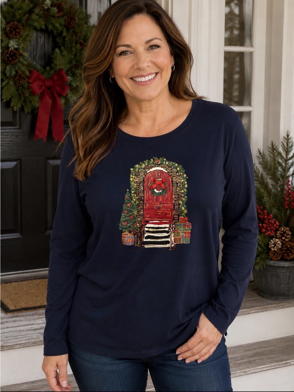 Croft & Barrow Navy Long-Sleeve Holiday Door Graphic Tee Size XL